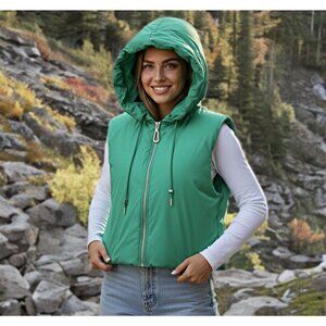 SANDRO Paris Puffer Vest Sleeveless Jacket Full Zip Dovy Hooded Cropped Coat Top